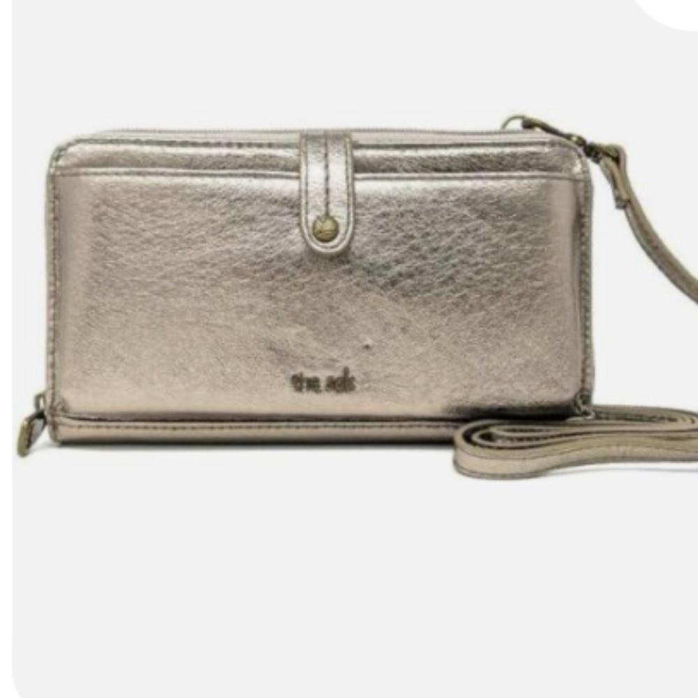 The Sak 3-in-1 Leather Smartphone Wristlet Crossbody Clutch Pyrite Metallic